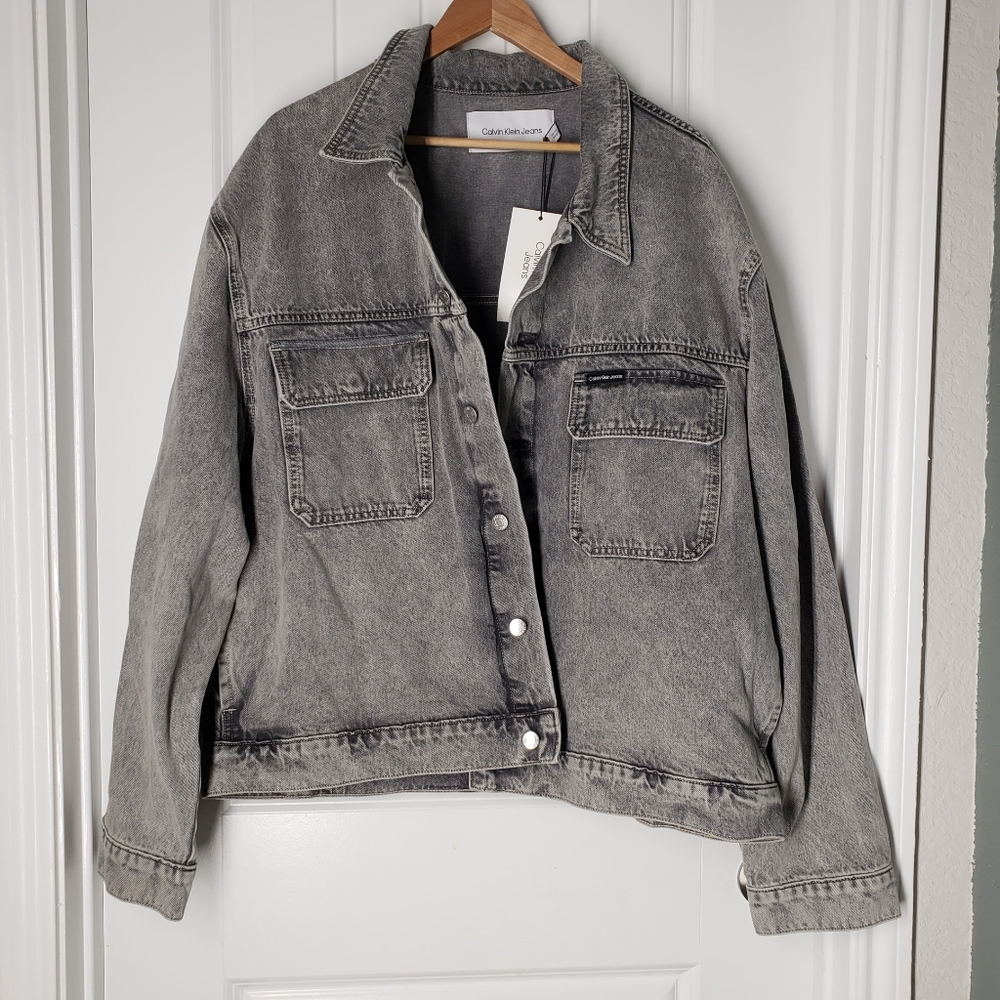 Calvin Klein CK Mens L Jean Trucker Jacket Wrap Stretch Denim Black Gray XXL